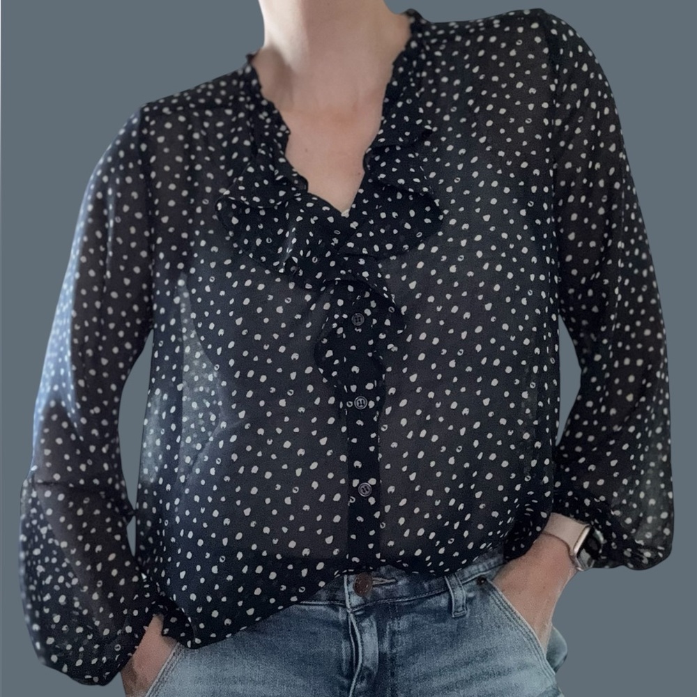 Pleione Women’s V-Neck Button-Down Sheer Blouse, Large, Navy Cream, Polka Dot